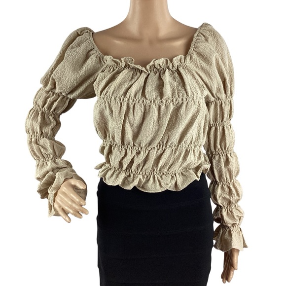 Line & Dot Tops - Line & Dot Pippa Smocked Top Taupe Long Sleeve Ruffle Hem XS